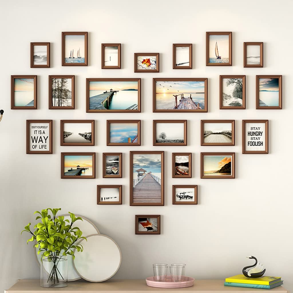 LIUOZ 24-Piece Wall Collage Photo Frame Set - Brown Square Picture Frames with Hanging Template for Family Photos | Perfect for Living Room, Bedroom & Home Decor