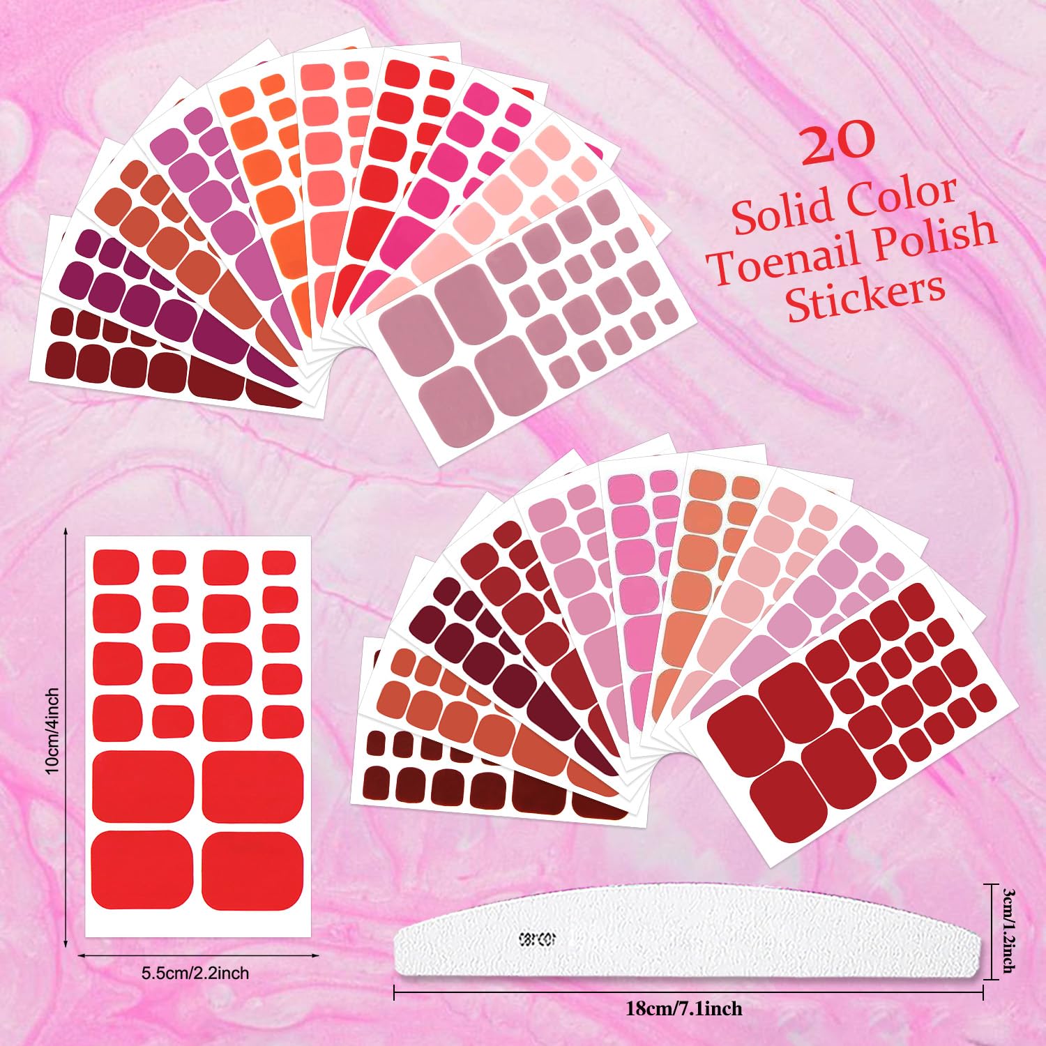 20 Sheets Red & Pink Self-Adhesive Nail Polish Strips with Nail File - Solid Color Toe Nail Wraps for Women - Easy DIY Toe Nail Art for Parties, Pedicures & Everyday Wear