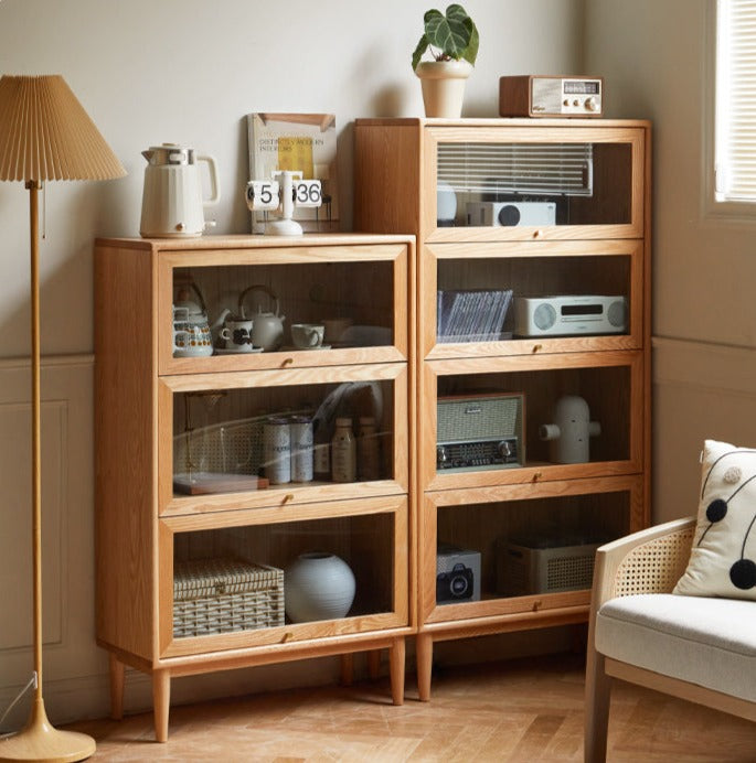 Solid Oak Wood Multi-Layer Flip Door Side Cabinet & Bookcase - Perfect for Living Room, Bedroom, and Office Storage & Organization
