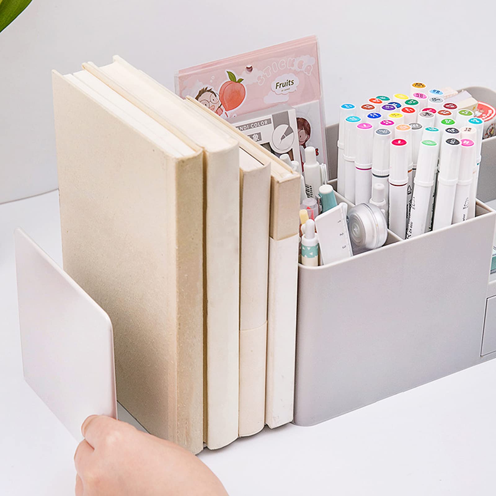 Large Capacity Desk Organizer with Drawer - Bookends, Stationery Supplies & Bookshelf Accessories - Plastic Pen Holder & Makeup Storage Caddy (Grey) - Perfect for Office, Study & Home Organization