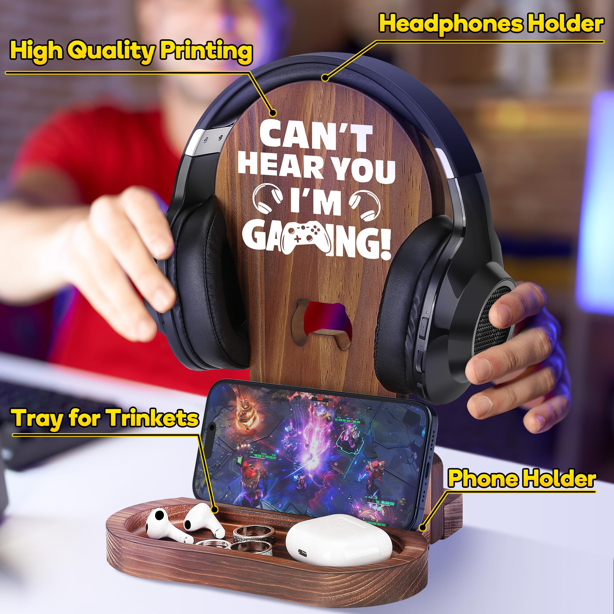 Premium Wooden Gaming Headset Stand - Unique Gamer Gifts for Men, Teen Boys, Husband & Boyfriend - Cool Gaming Room Decor & Accessories - Perfect for Gaming Setups, Streamer Battlestations & Esports Enthusiasts