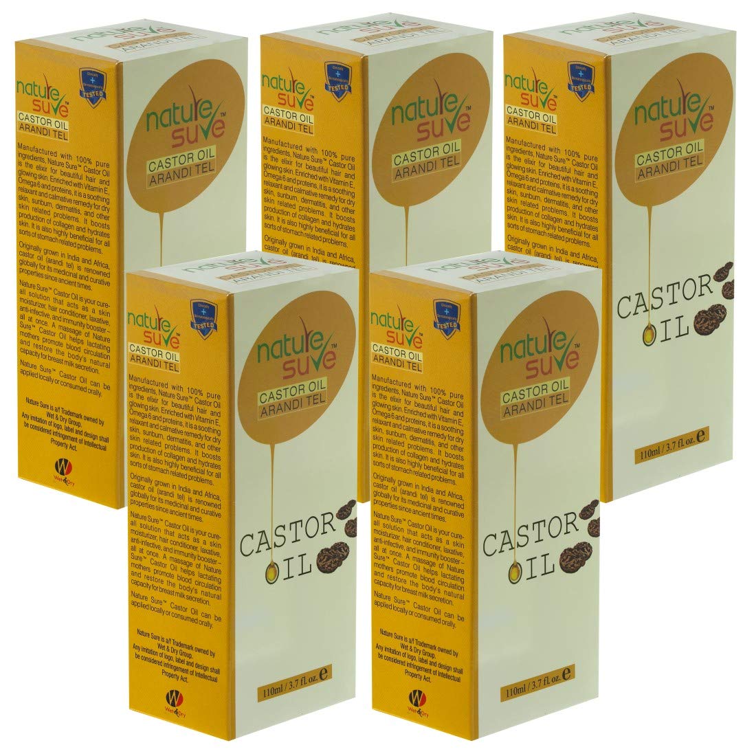 Nature Sure™ Pure Cold-Pressed Castor Oil (Ricinus communis) - 5 Pack (110ml Each Bottle) for Hair Growth, Eyelashes, Eyebrows & Skin Care | Natural Moisturizer for Face, Scalp & Body | USDA Certified Organic