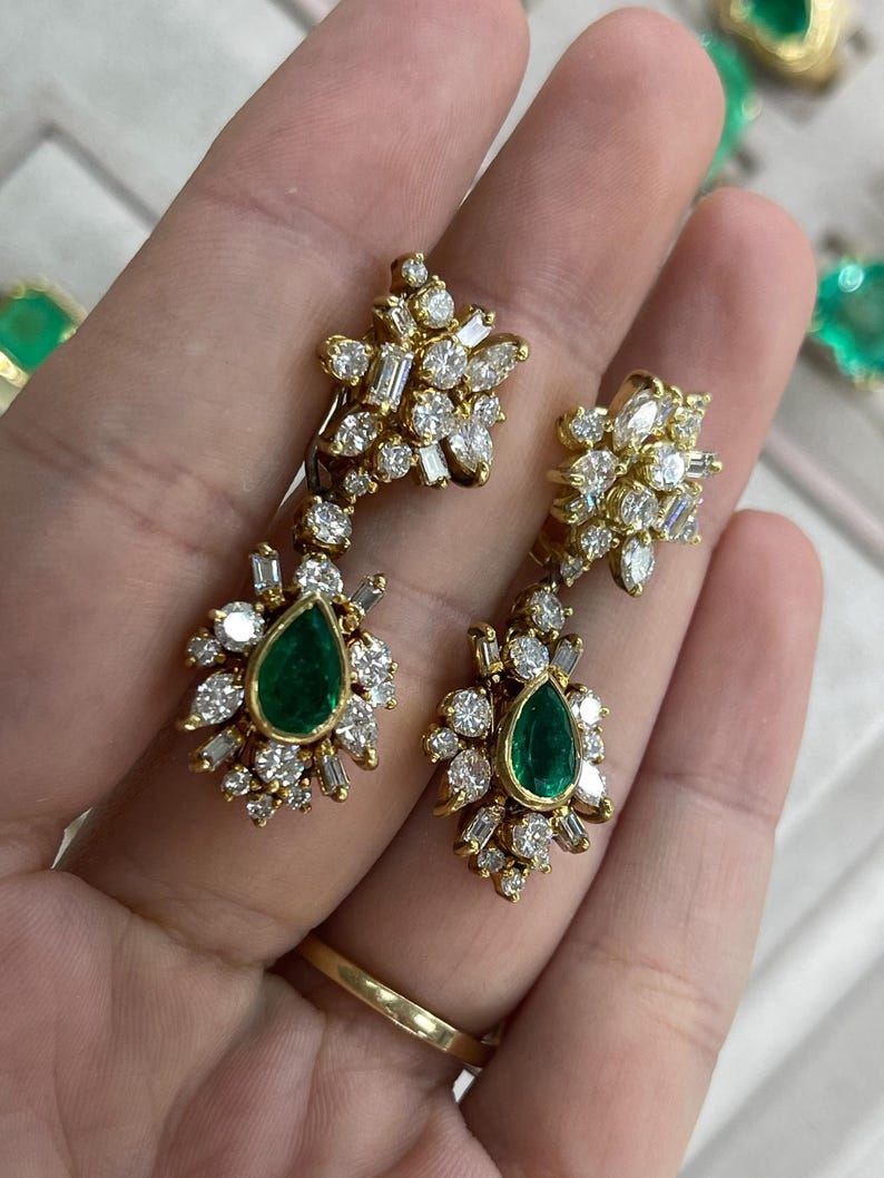 8.0tcw AAA+ Colombian Emerald & Diamond Cluster Dangle Earrings in 18K Gold - Elegant Jewelry for Weddings, Parties & Special Occasions