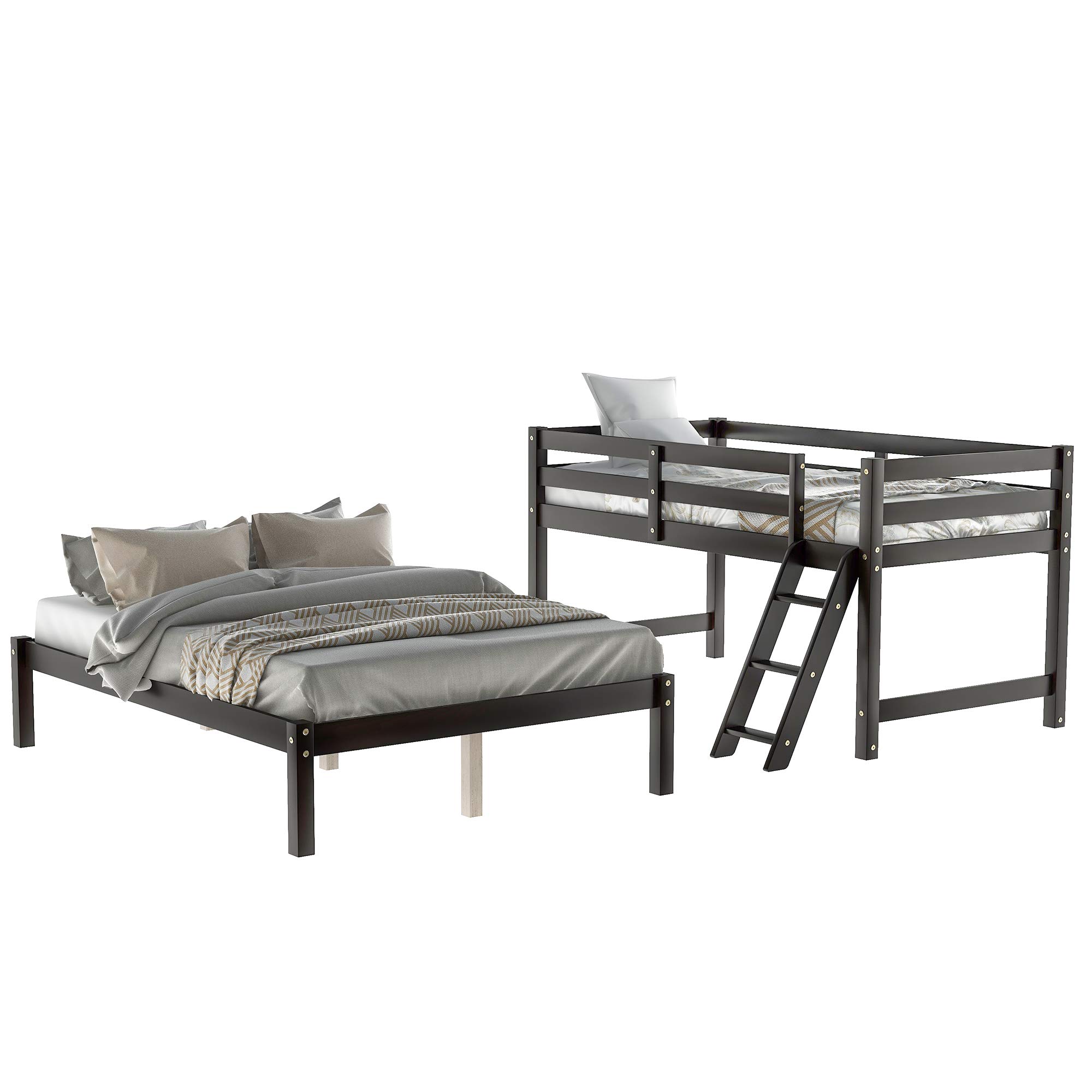 Twin Over Full Bunk Bed with Guardrail & Ladder - Solid Wood Convertible Bunk Bed for Kids & Teens | Separates into Twin Loft Bed & Full Size Bed | Wood Slat Support (No Box Spring Needed) | Espresso Finish | Perfect for Small Bedrooms, Guest Rooms & Vacation Homes