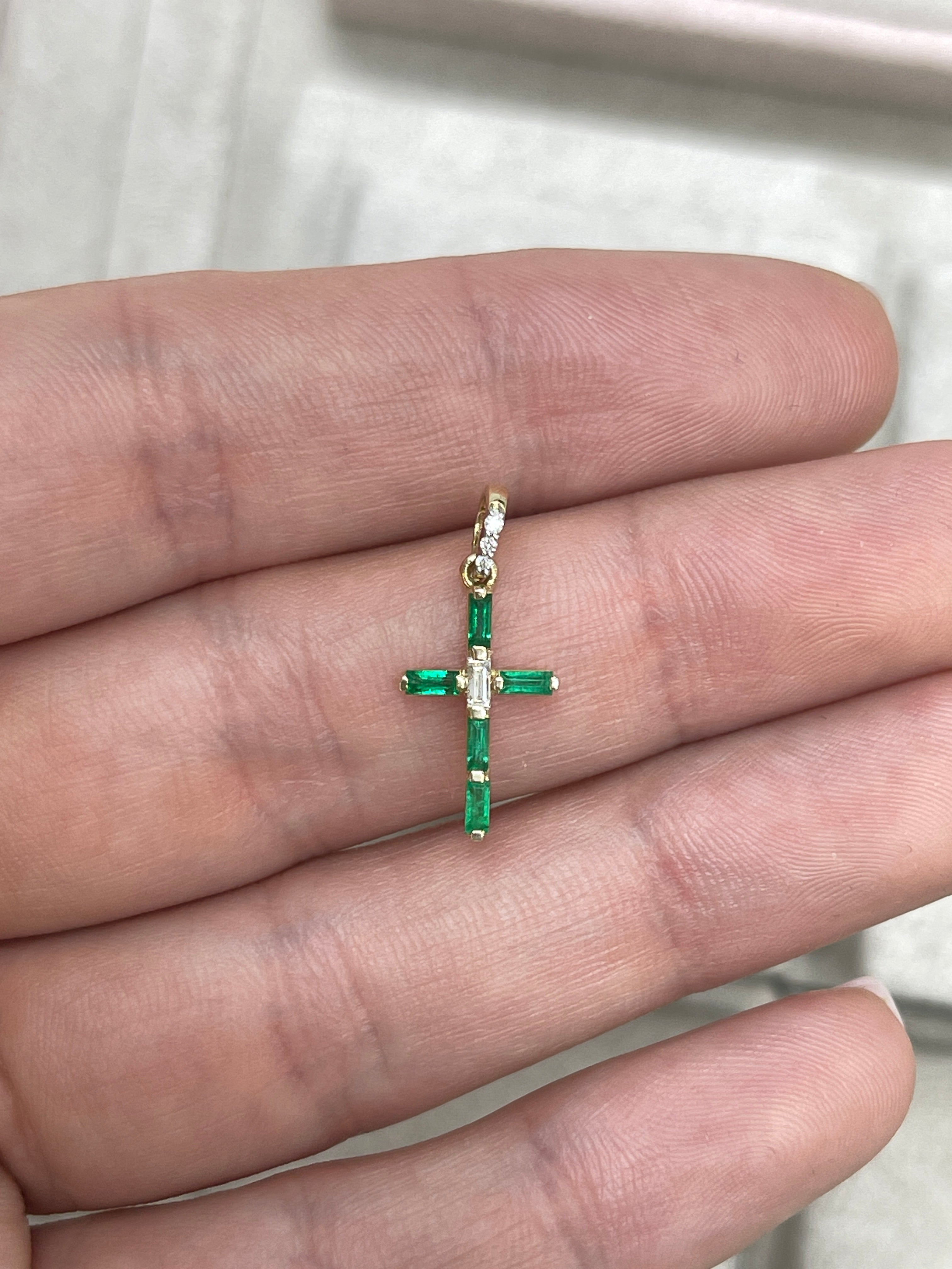 14K Gold Emerald Cross Pendant with Baguette & Round Diamonds - Elegant Religious Jewelry for Baptism, First Communion & Special Occasions
