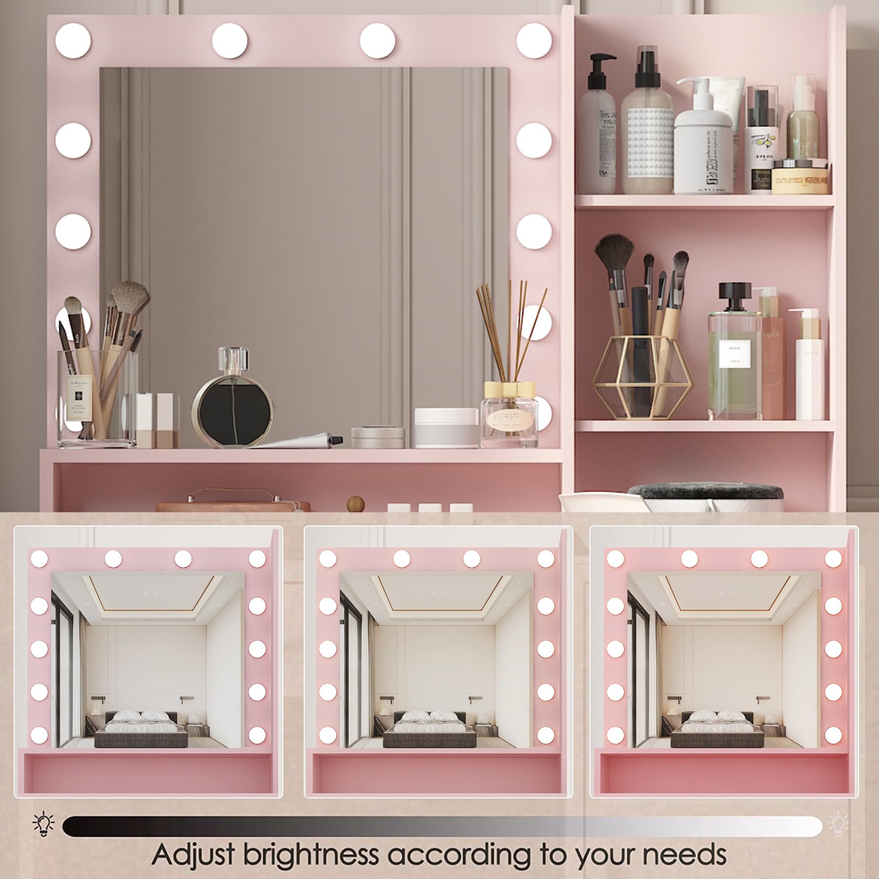 Vanity Desk with Mirror & LED Lights - Large Drawer & 3-Tier Storage Dresser - 3 Adjustable Lighting Modes - Pink Makeup Dressing Table with Stool - Perfect for Bedroom, Dorm Room & Beauty Salon