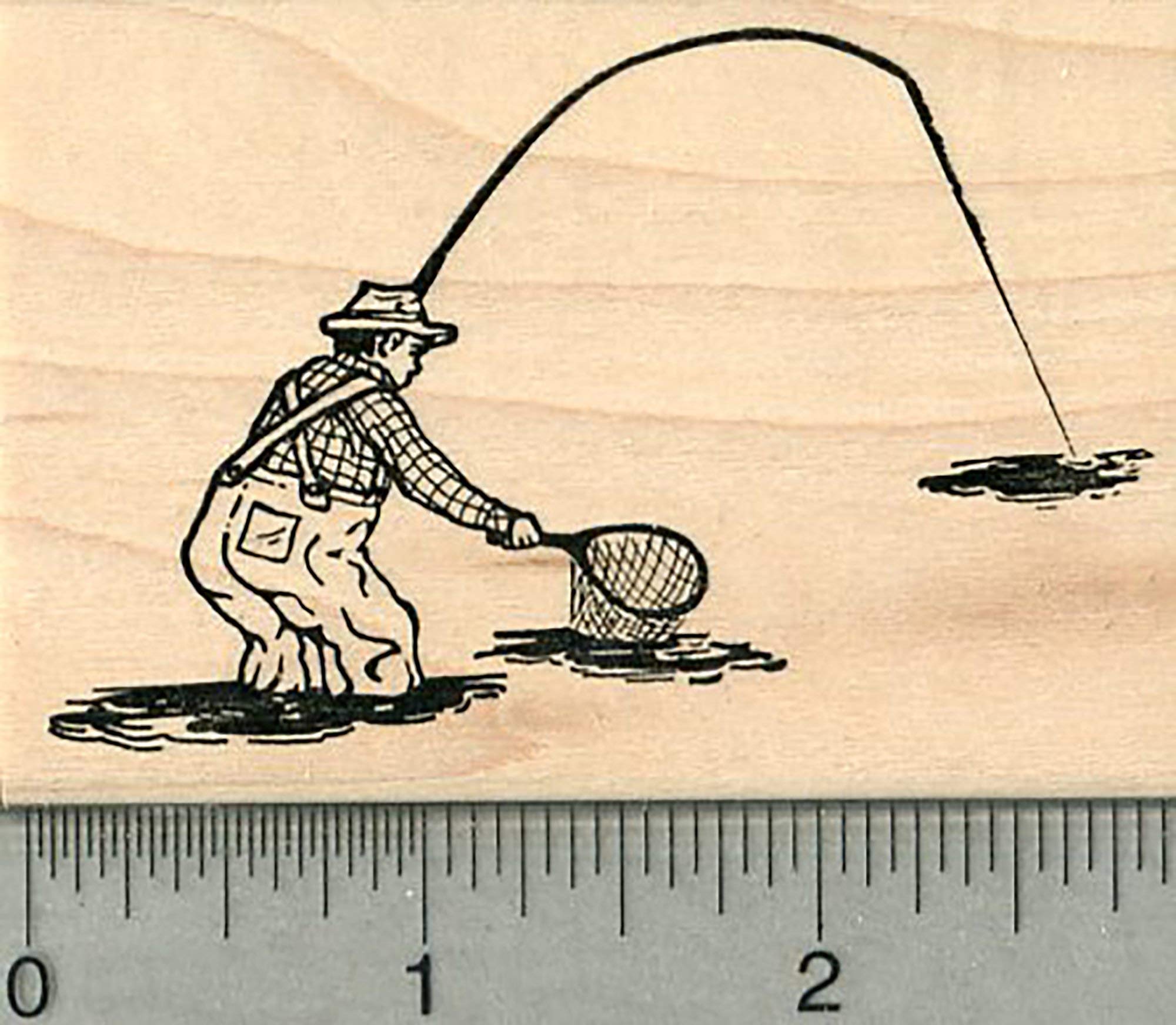 Fishing Rubber Stamp - Man in Waders with Pole and Net for DIY Crafts, Scrapbooking & Card Making | Perfect for Angler Gifts & Fishing Enthusiast Projects