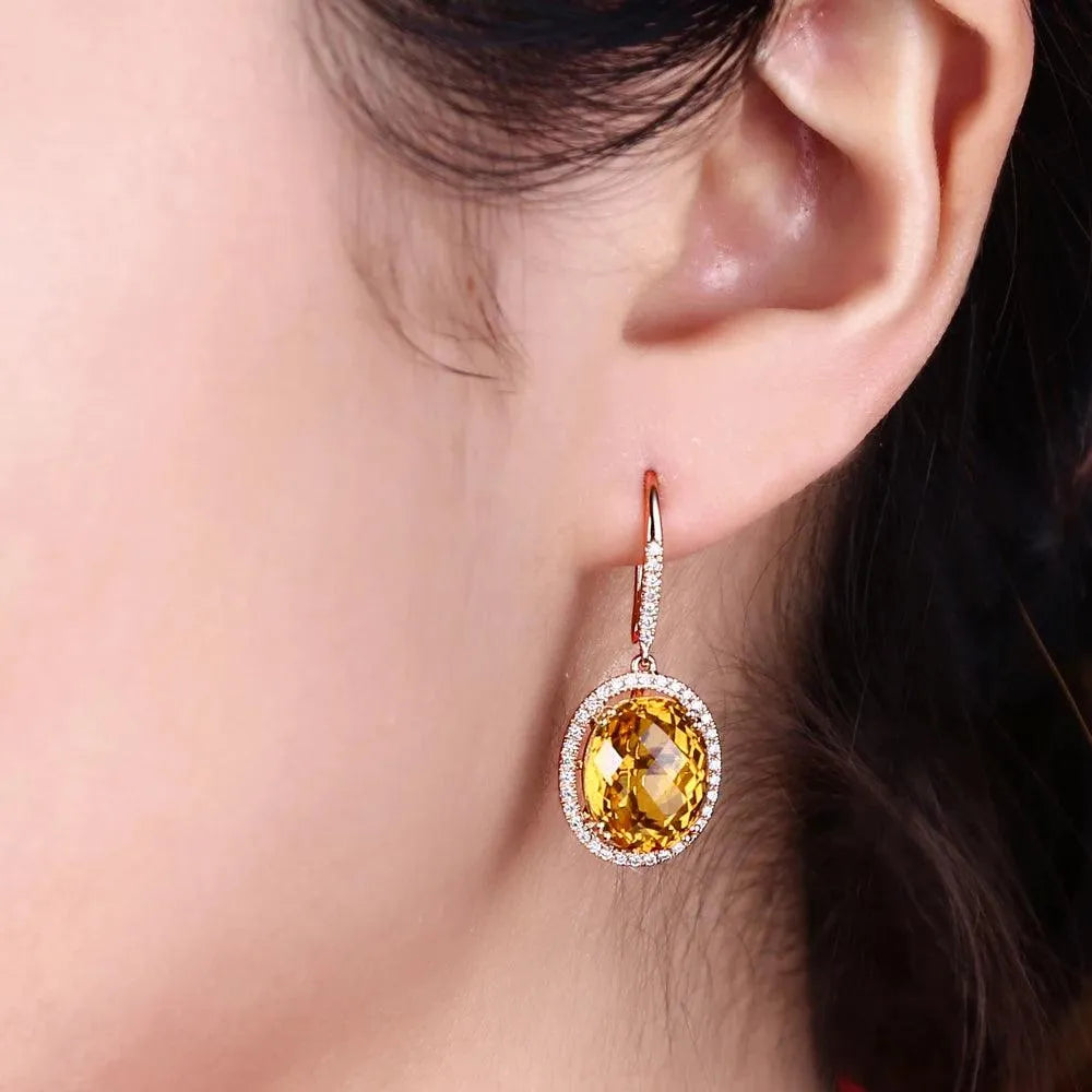 10KT/470 Rose Gold 7.91ct Natural Citrine & 0.36ct Round Cut Diamond Engagement Earrings for Women - Perfect for Weddings, Anniversaries & Special Occasions