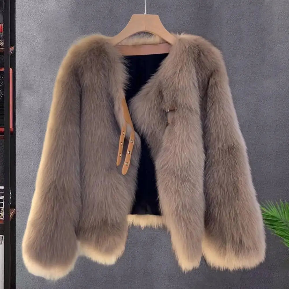 Warm Faux Fur Knit Cardigan Coat for Women - Cozy Winter Long Sleeve Sweater Jacket with Buckle & Strap Decor | Perfect for Fall/Winter Fashion, Office Wear & Casual Outings