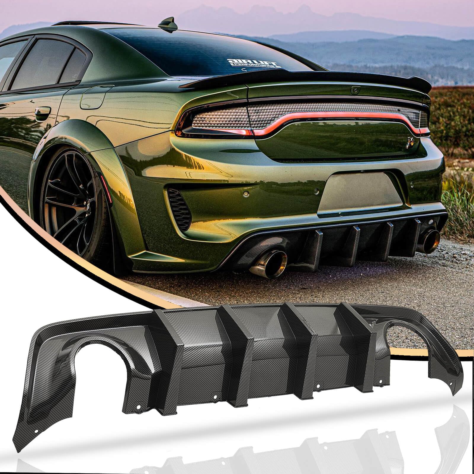 WildWell Charger Rear Diffuser for Dodge Charger Widebody SRT Hellcat & Scat Pack 2020-2024 - Carbon Fiber Style Body Kit - Upgrade for Racing & Street Performance