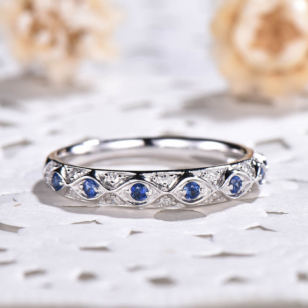 Vintage Sapphire and Diamond Wedding Band for Women - 14K White Gold Stackable Half Eternity Ring - Perfect for Bridal Jewelry, Anniversary Gifts & Stacking Rings Collection