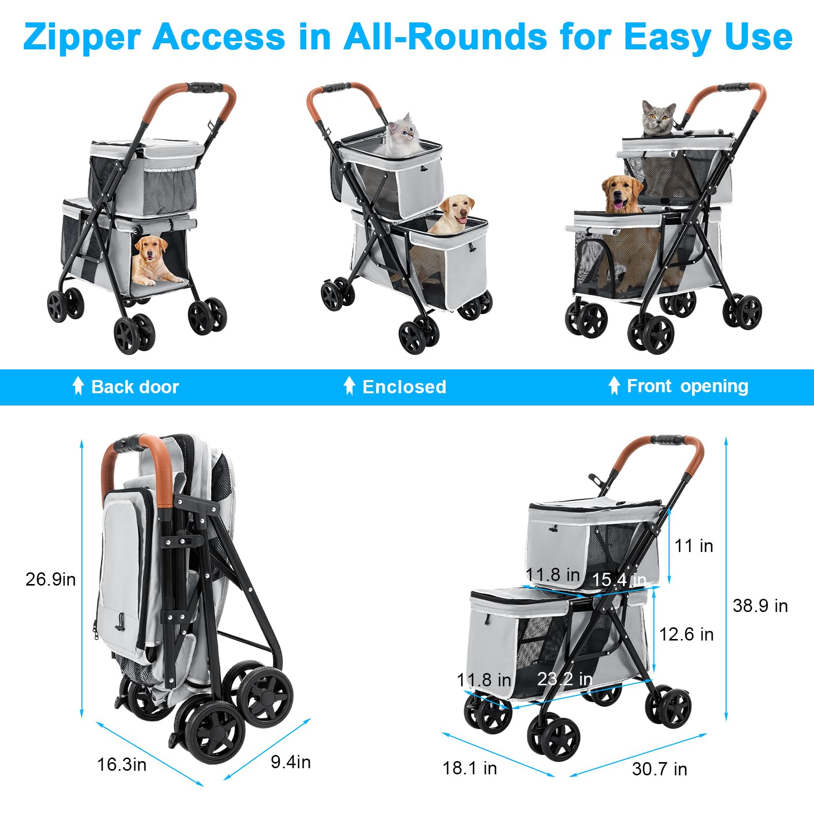 Double Pet Stroller for Dogs & Cats - Lightweight Foldable 4-Wheel Travel Carrier for Small & Medium Pets - Easy One-Hand Folding Design - Gray | Perfect for Park Walks, Vet Visits & Shopping Trips