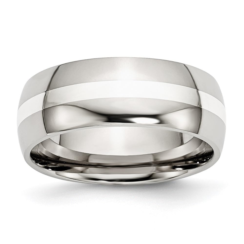 Diamond2Deal 8mm Polished Stainless Steel & Sterling Silver Inlay Band Ring for Men - Perfect for Weddings, Anniversaries, and Everyday Wear