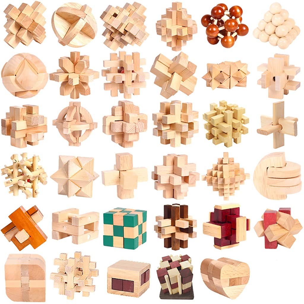 3D Luban Lock Wooden Brain Teaser Puzzle - Stress Relief & Educational Toy for Kids & Adults | Kongming Lock Interlocking Building Blocks | 35-Piece Hemu Theaceae Color Set | Perfect for Office Desk, Classroom, and Family Game Night