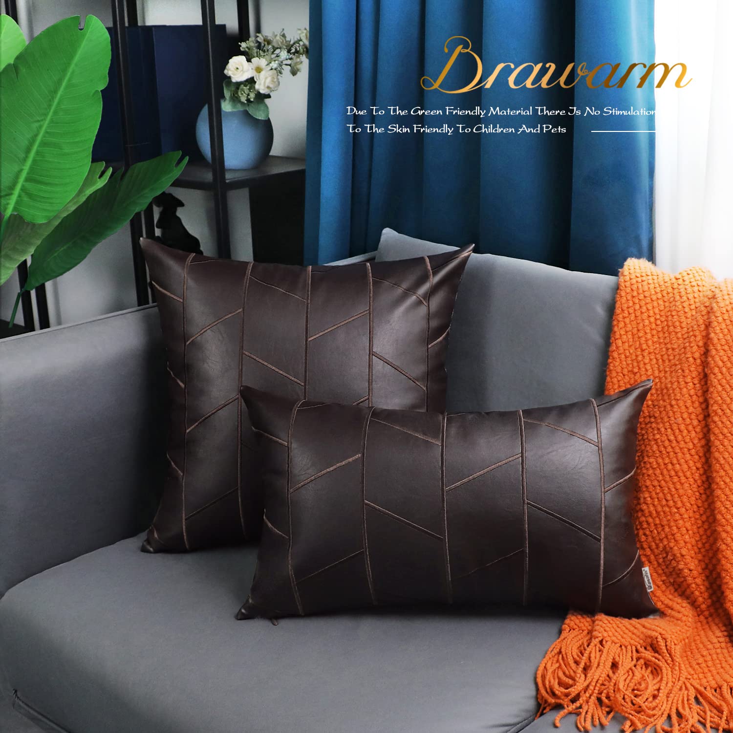 BRAWARM 16x16 Inch Faux Leather Pillow Covers Set of 2 - Brown Geometric Embroidery Decorative Throw Pillows for Couch, Sofa, Bed & Living Room - Home Decor Accent for Modern & Farmhouse Style