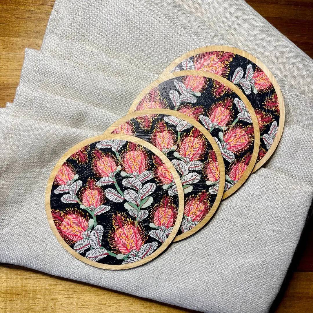 Elegant Coral Banksias Coaster and Napkin Set - 6-Piece Tableware for Dining, Entertaining, and Home Decor - Perfect for Dinner Parties, Weddings, and Gifts
