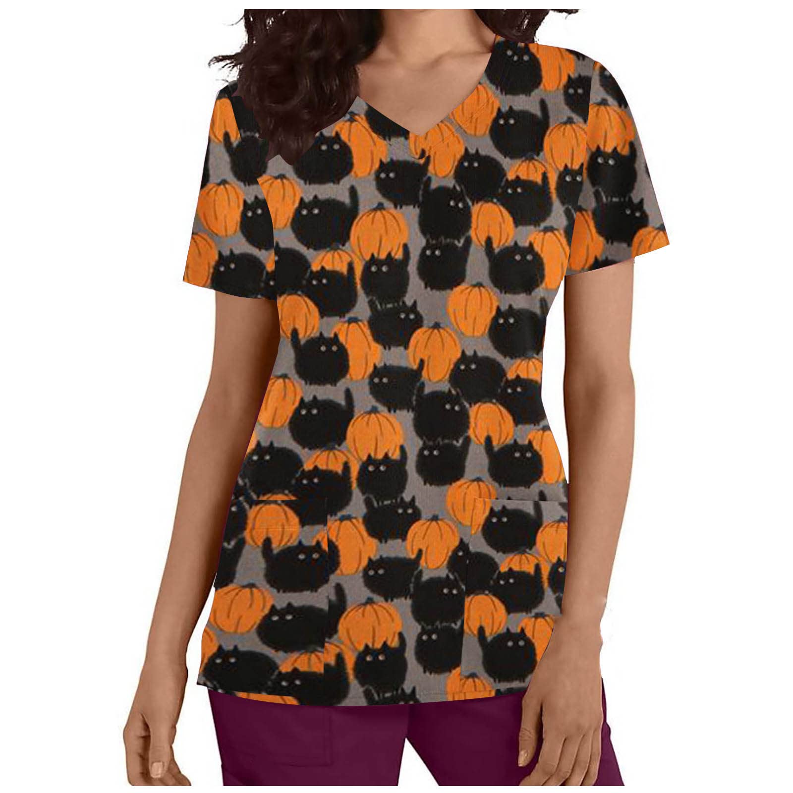 Halloween Pumpkin Printed Women's Nurse Scrub Tops - V-Neck Short Sleeve Medical Uniform for Healthcare Workers | Perfect for Halloween Costumes, Nursing Shifts & Medical Workwear