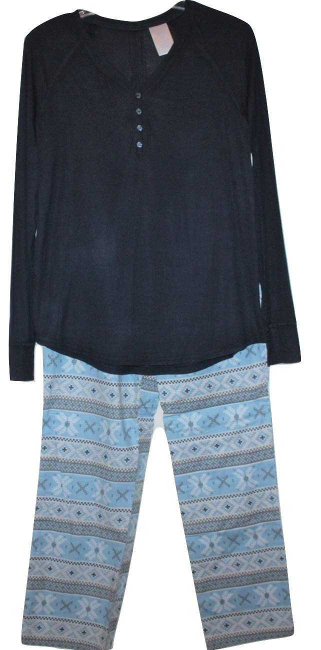 Secret Treasures Women's Pajama Set - Soft Navy Blue Ribbed Modal Henley Top & Cozy Flannel Pants | Comfortable Sleepwear for Relaxing at Home, Lounging & Overnight Stays