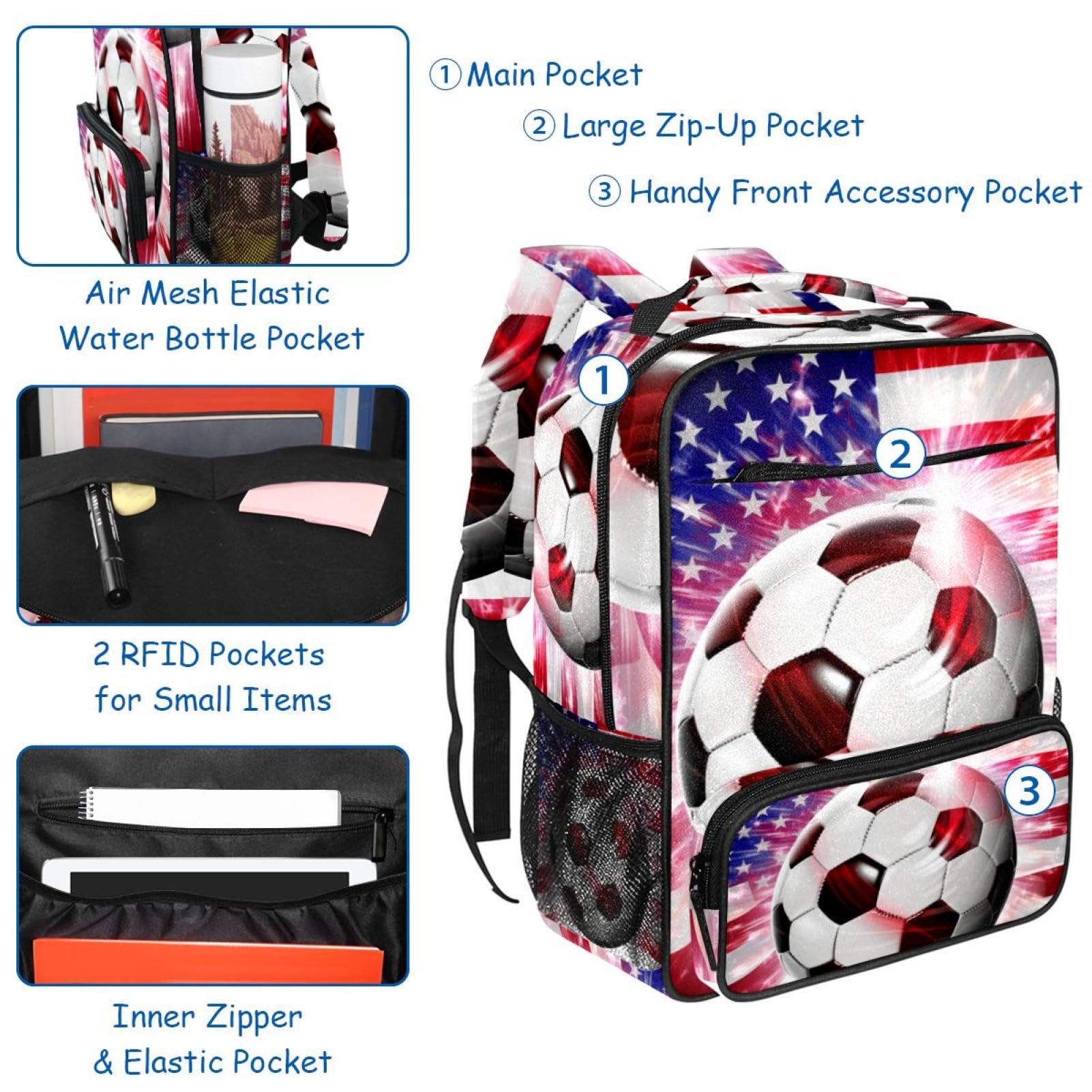 Best Travel Backpacks for Women & Men - Durable American Flag Design with Football Print - Perfect for School, Hiking, and Outdoor Adventures