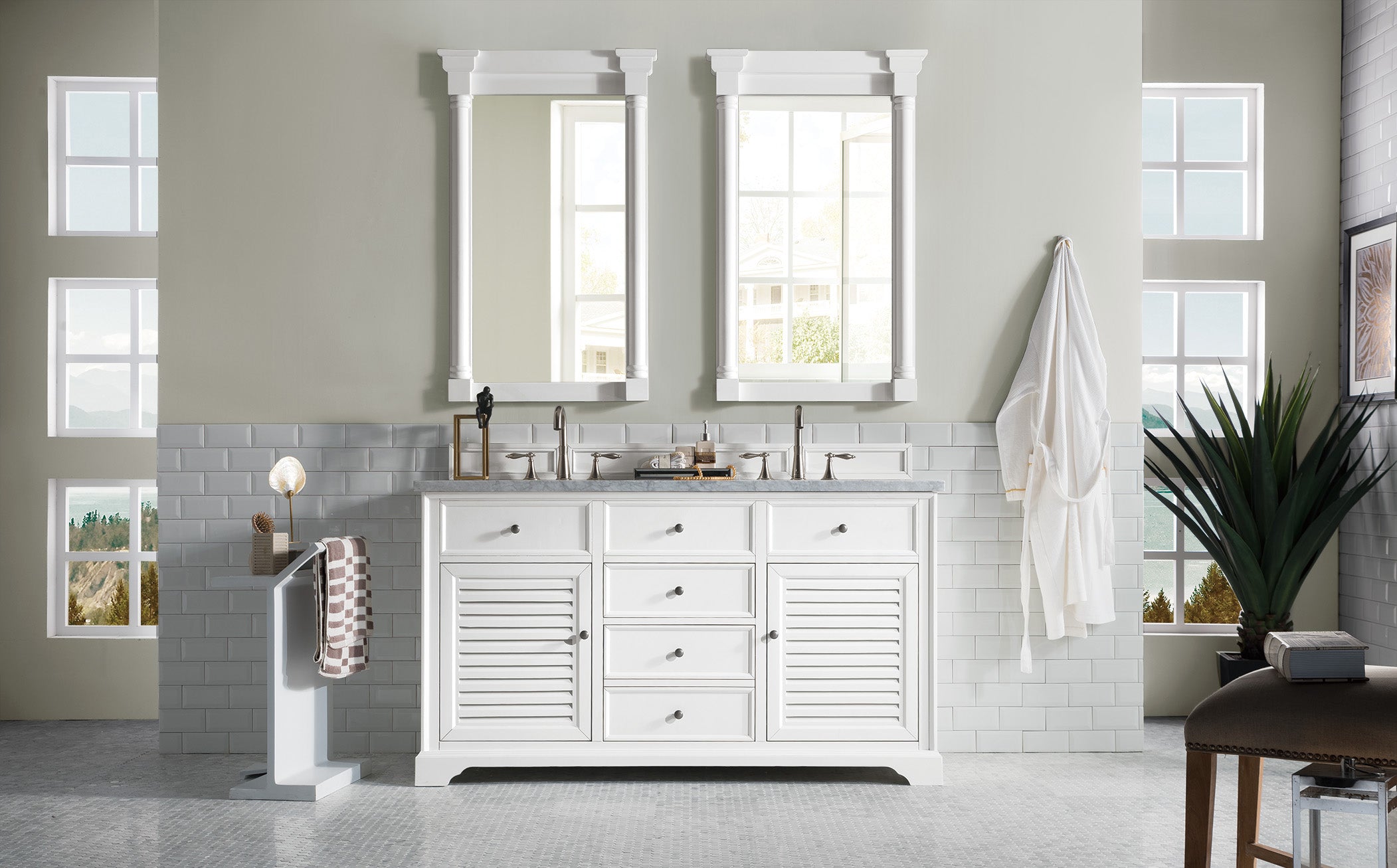 Savannah 60-Inch Bright White Double Bathroom Vanity with 3CM Carrara White Marble Top - Perfect for Master Bathroom Renovation & Modern Home Decor