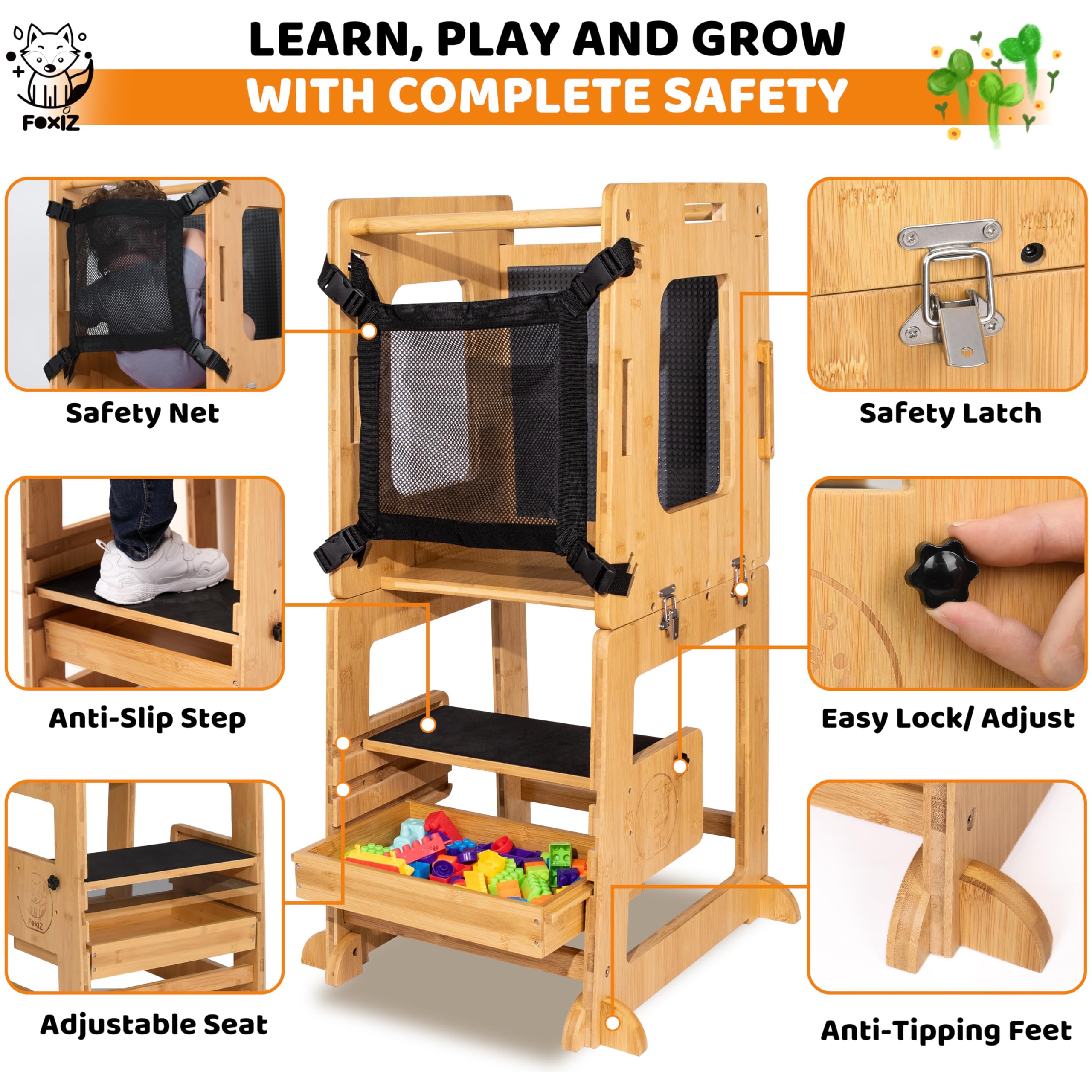4-in-1 Bamboo Convertible Toddler Tower with Storage - Kitchen Helper, Weaning Table, Step Stool & Learning Tower for Kids 1-3 Years | Foldable Montessori Toddler Desk for Baking, Cooking & Playtime Activities
