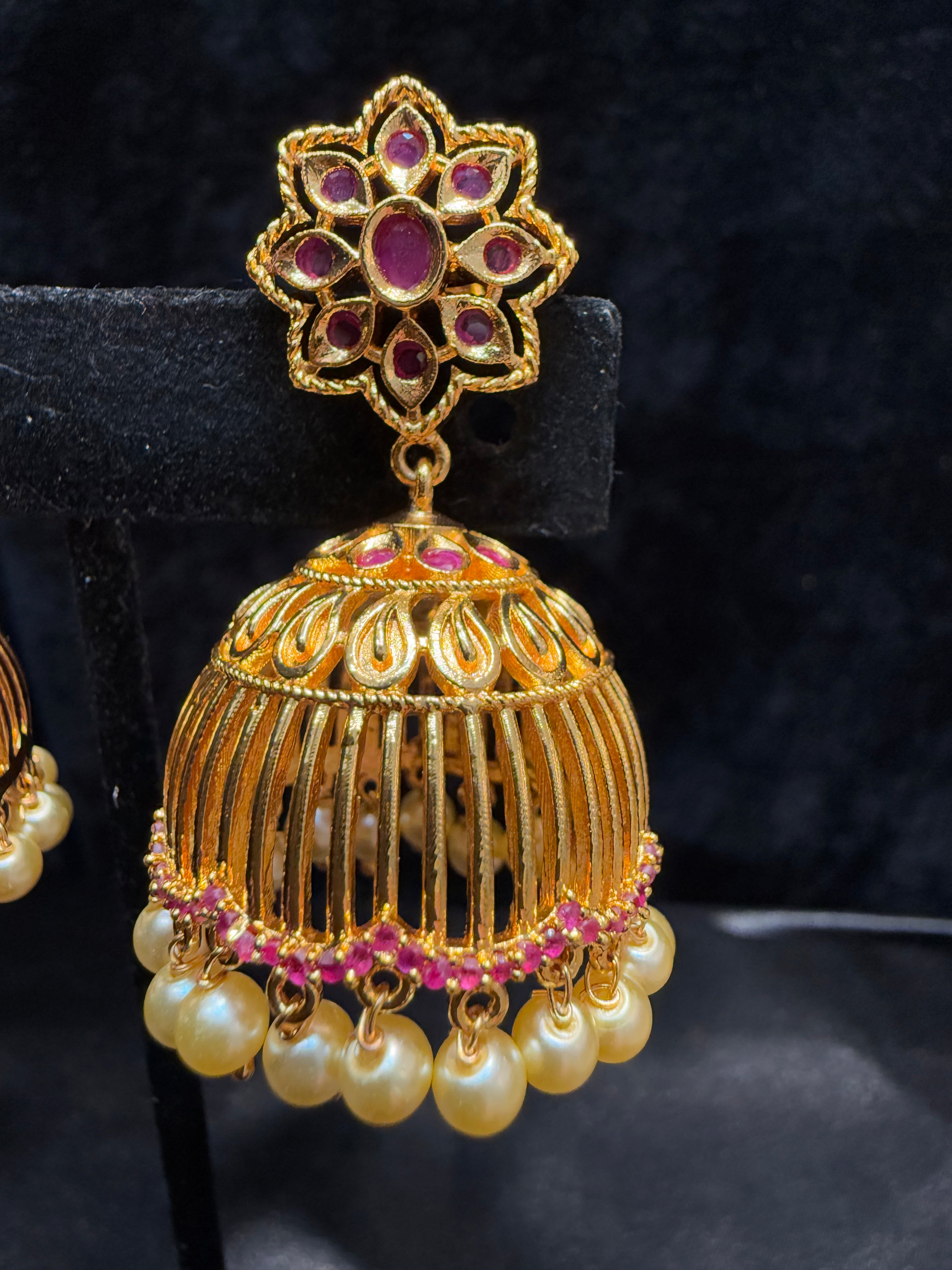 Elegant Gold Plated Designer Jhumka Earrings with Pink Stone and Pearl Drop - Perfect for Weddings, Parties & Festive Occasions