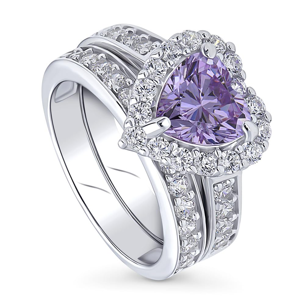 BERRICLE Sterling Silver Halo Wedding Engagement Ring Set - Purple Heart Shaped Cubic Zirconia CZ Statement Ring for Women, Rhodium Plated Size 4-10 | Perfect for Valentine's Day, Anniversary Gifts & Romantic Proposals