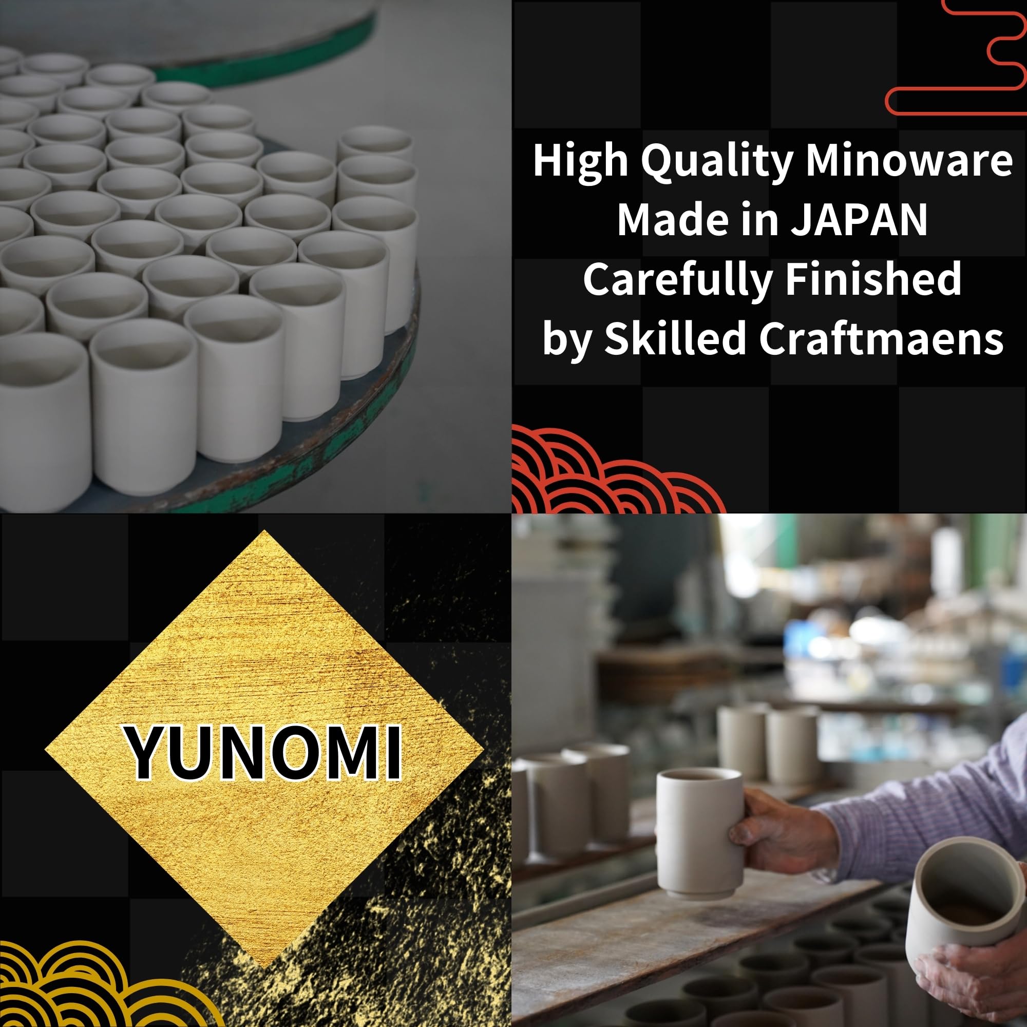 Premium Japanese Tea Cups Set of 2 - Authentic Sushi-Yunomi Mino Ware Ceramic Cups with Bamboo Coaster - Perfect for Sushi Restaurants, Tea Ceremonies & Asian Home Decor