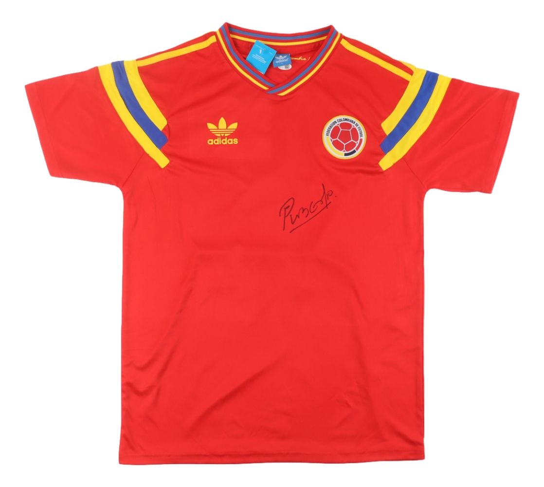 Authentic Carlos Valderrama Signed Colombia Adidas Soccer Jersey with JSA COA & QR Hologram - Perfect for Collectors, Fans, and Sports Memorabilia Displays