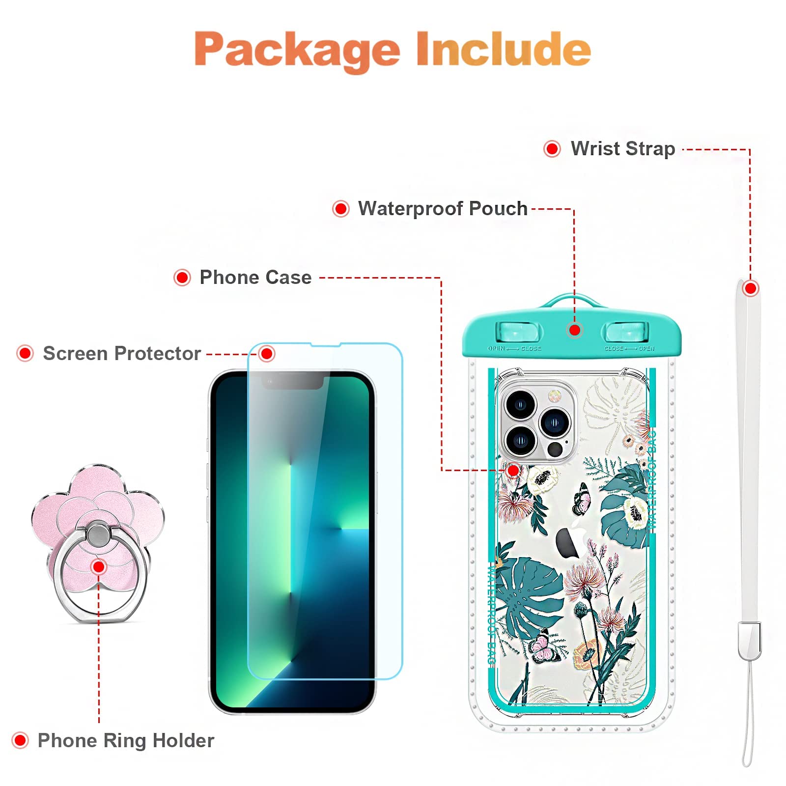 RoseParrot [5-in-1] iPhone 12 Pro Max Case with Screen Protector, Ring Holder & Waterproof Pouch - Floral Pattern Clear Soft Flexible Protective Cover (P-Butterfly) - Perfect for Daily Use, Travel & Outdoor Activities
