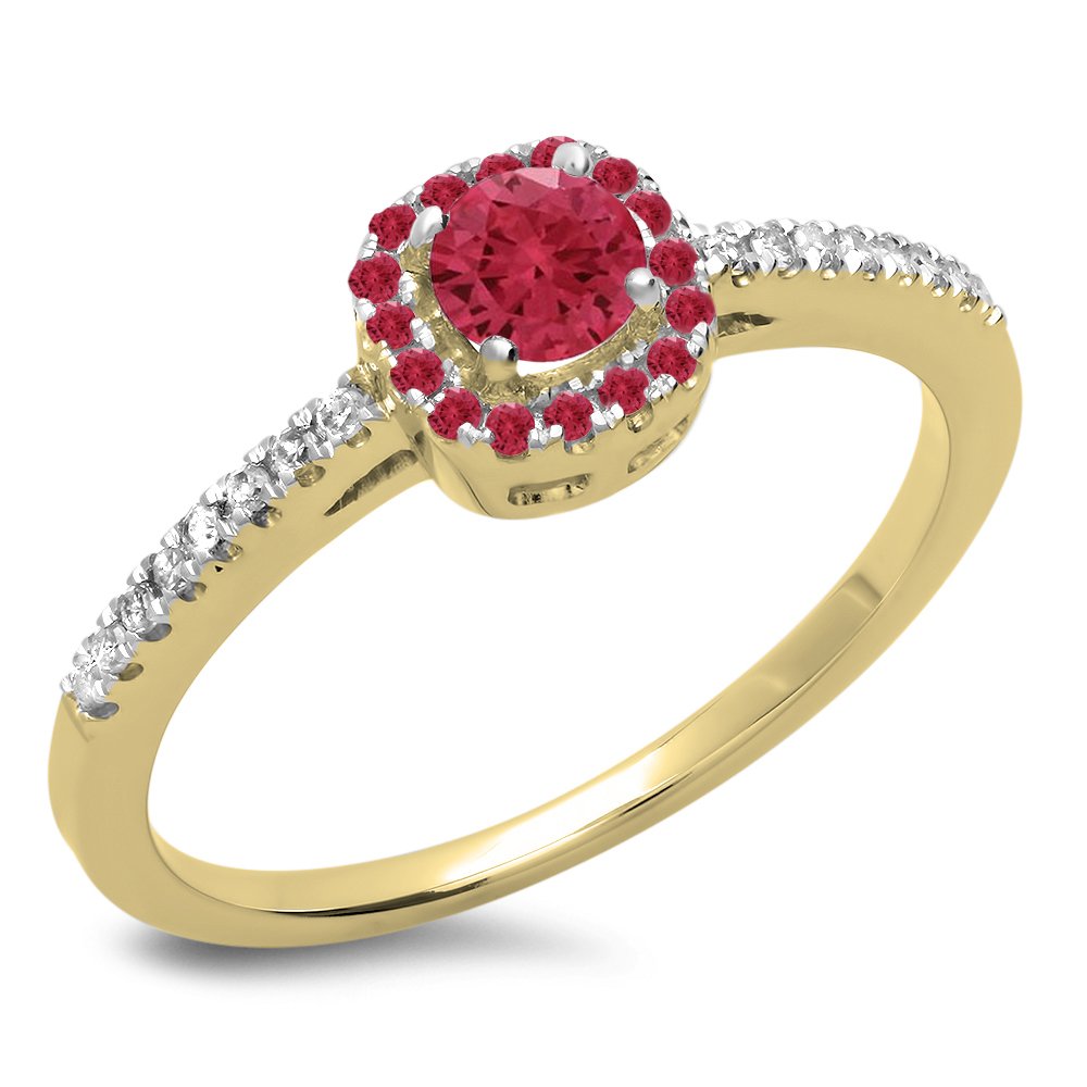 14K Solid Gold Round Ruby & White Diamond Halo Engagement Ring for Women - Elegant Bridal Jewelry, Perfect for Proposals, Weddings & Anniversaries