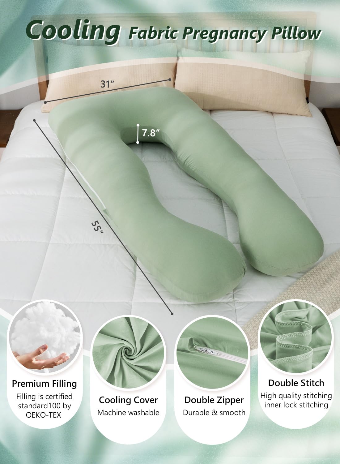 Meiz U-Shaped Pregnancy Pillow - Cooling Maternity Support for Sleeping, Sage Green - Perfect for Comfort During Pregnancy & Nursing