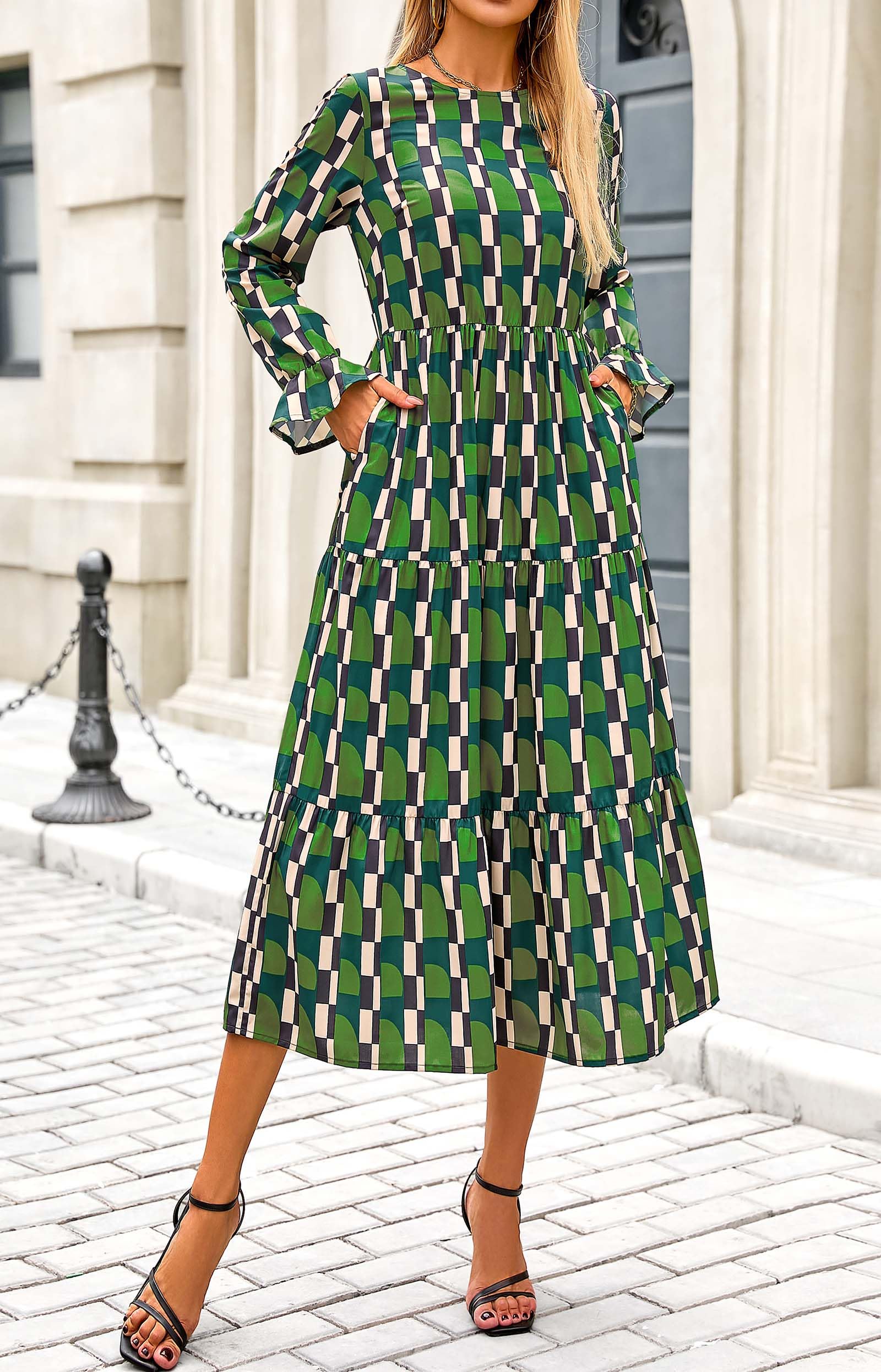 KIRUNDO Women's Long Sleeve Boho Floral Print Midi Dress - Spring Wedding Guest Dress with Pockets | Perfect for Casual Outings, Garden Parties & Special Occasions