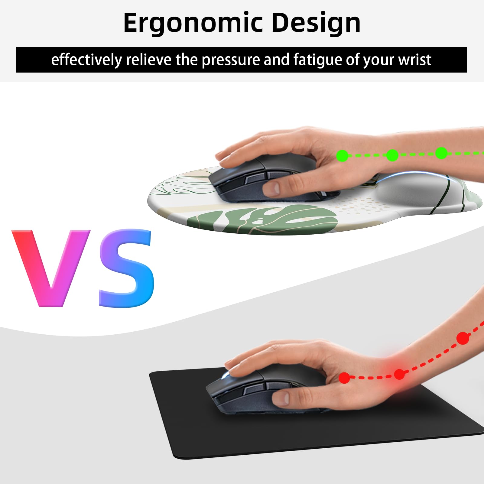 Ergonomic Mouse Pad with Wrist Rest for Comfortable Typing & Office Work - 2-in-1 Desk Mouse Pad Set with Coaster - Green Plant Design for Computer, Gaming & Home Office Use