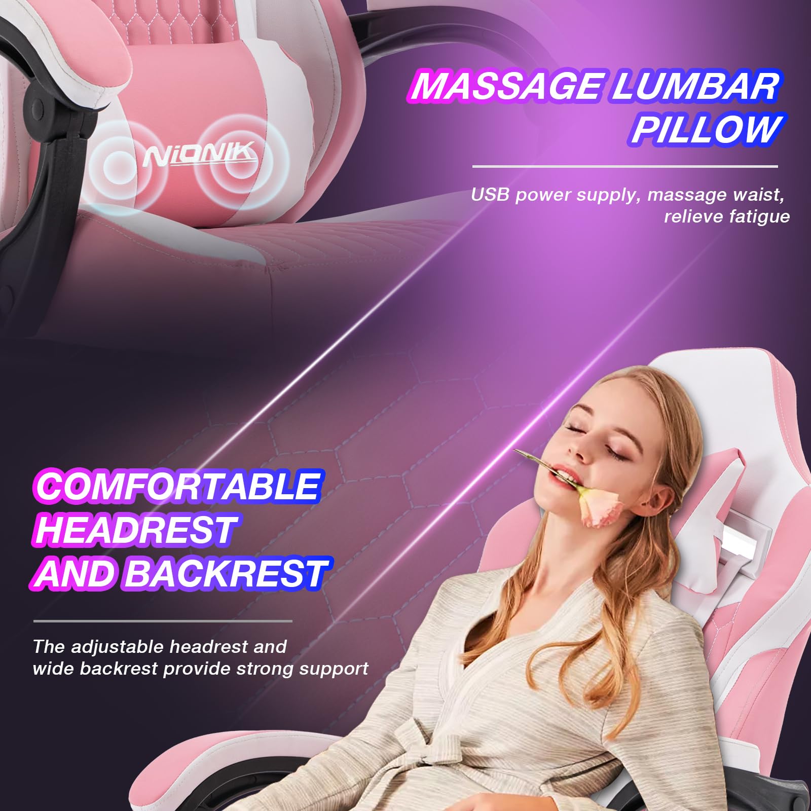 Ergonomic Gaming Chair with Massage Waist Pillow & Headrest - Racing Style Computer Chair, Height Adjustable PVC Leather Office/Home Video Game Chair (Pink White) - Perfect for Esports, Streaming & Long Work Sessions
