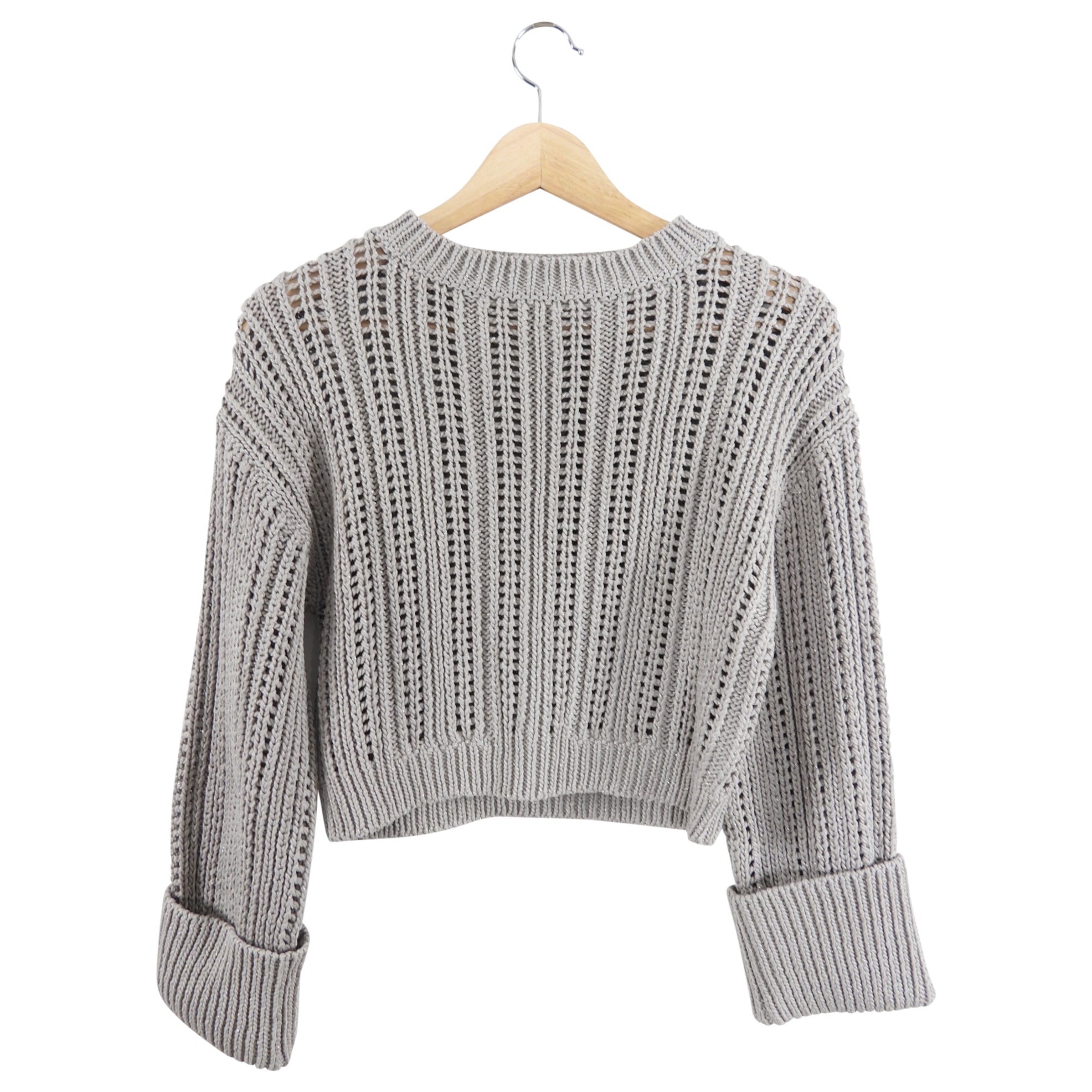 Brunello Cucinelli Grey Crop Knit Sweater with Cuffed Sleeves for Women | Soft Cashmere Blend | Winter Fashion & Casual Outfits | Perfect for Office, Dates, and Holiday Gatherings