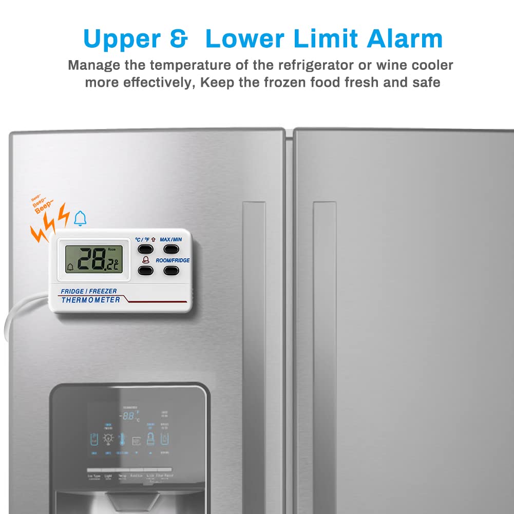 Welltop Digital Fridge Freezer Thermometer with Probe - Wireless Refrigerator Temperature Monitor with Max/Min Memory Alarm - Perfect for Home Kitchen, Bars, Cafes & Food Storage Safety