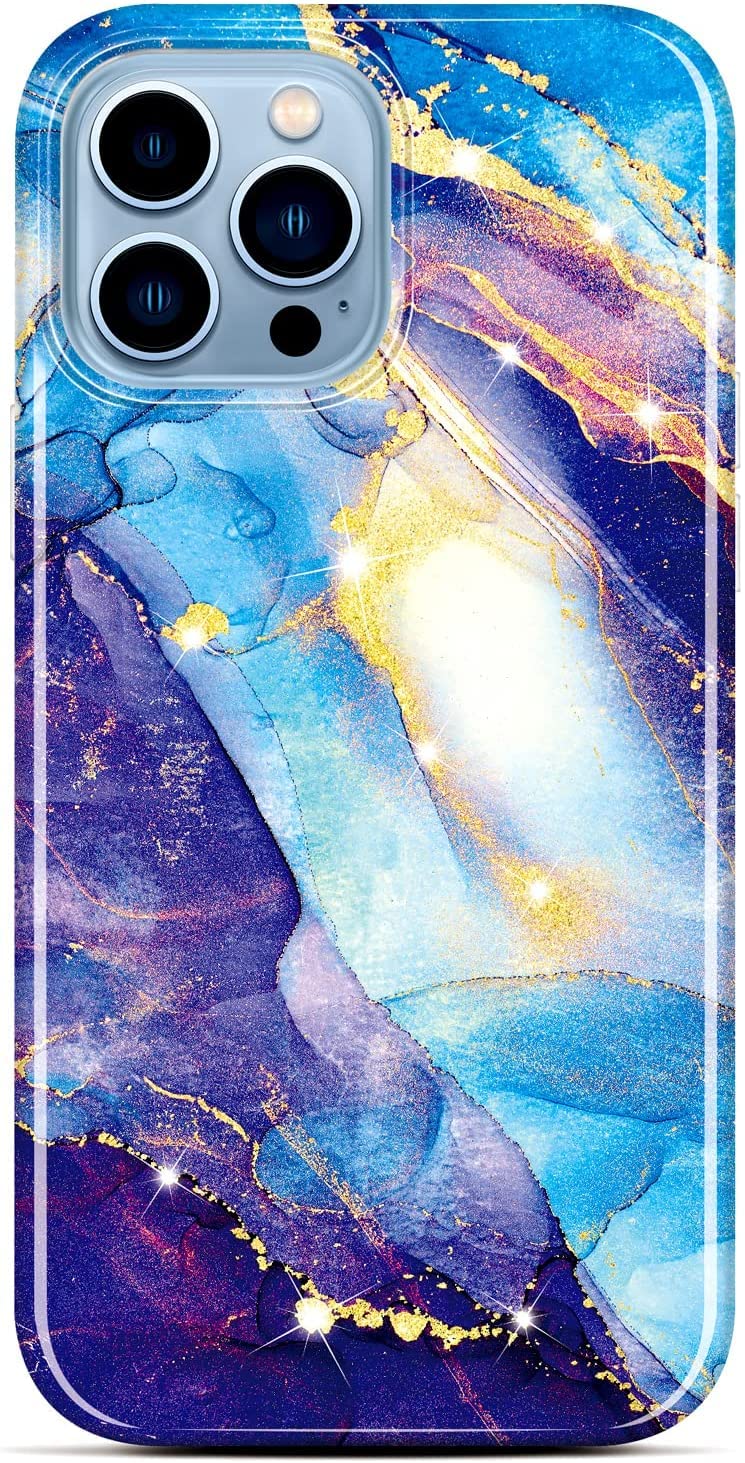 BAISRKE iPhone 13 Pro Max Case 6.7 inch (2021) - Sparkle Glitter Marble Design, Shockproof Flexible TPU Bumper Cover for Women (Blue Glitter) | Perfect for Everyday Use, Office & Party Protection