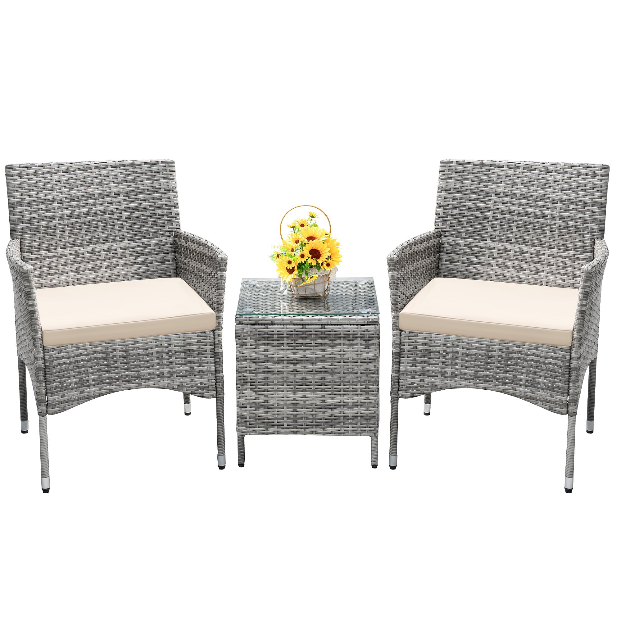 Devoko 3-Piece PE Rattan Patio Furniture Set with Table - Light Grey Wicker Chairs for Outdoor, Garden, Porch - Perfect for Backyard Relaxation & Entertaining Guests