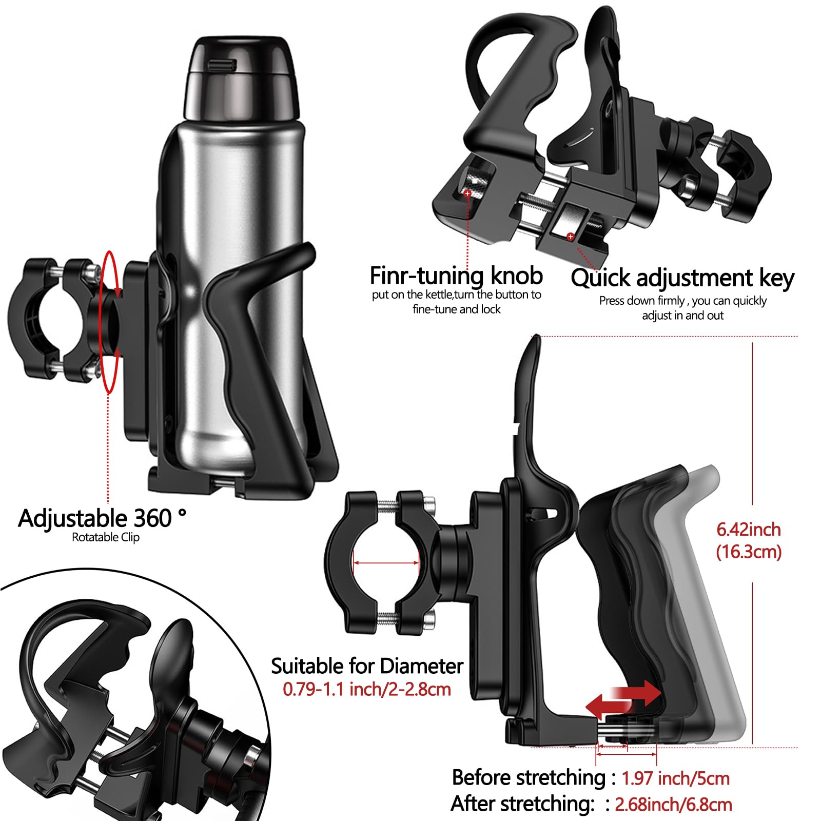 Adjustable Bike Water Bottle Holder - 360° Rotatable Cup Mount for Motorcycle & Bicycle Handlebars - Universal Nylon Cage Fits 2-2.7
