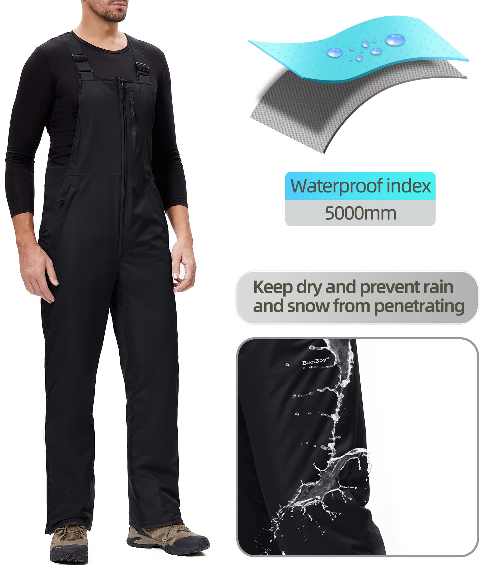 BenBoy Men's Waterproof Insulated Snow Bibs - Softshell Ski Pants with Ripstop Technology for Snowboarding & Winter Sports | Perfect for Skiing, Snowboarding & Cold Weather Outdoor Activities