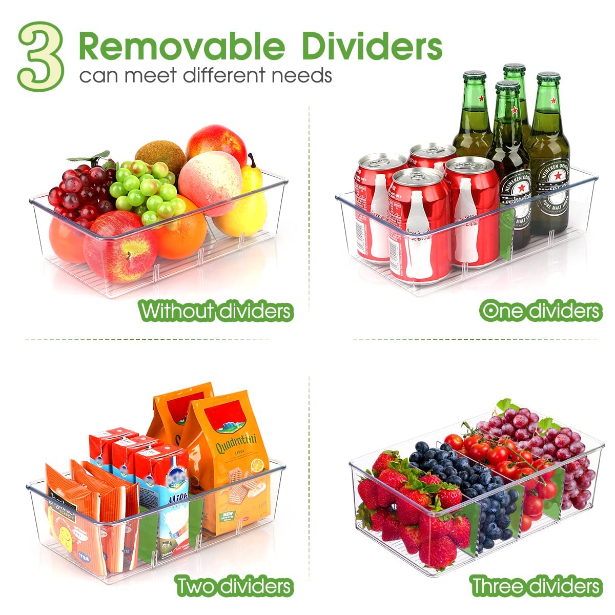 2-Pack Clear Pantry Organizers with Dividers - Kitchen Storage Bins for Snacks, Spices & Cabinets