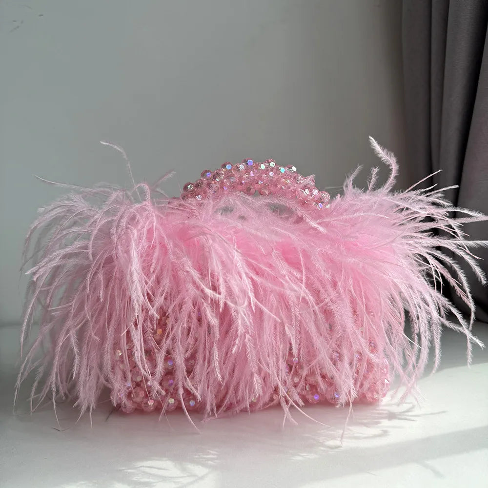 Handmade Designer Pearl Bead Bag with Feather Fur Trim - Elegant Acrylic Crystal Stone Evening Tote Clutch for Women | Perfect for Parties, Weddings & Special Occasions