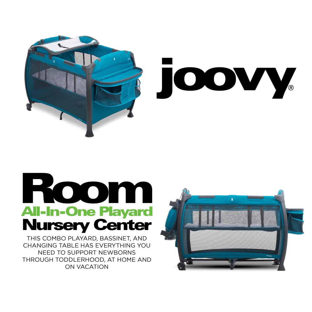 Joovy Room-Playard - Portable Baby Playpen with Bassinet, Changing Table & Nursery Center | Safe Play Yard for Infants & Toddlers | Ideal for Home, Travel & Daycare (Turquoise)
