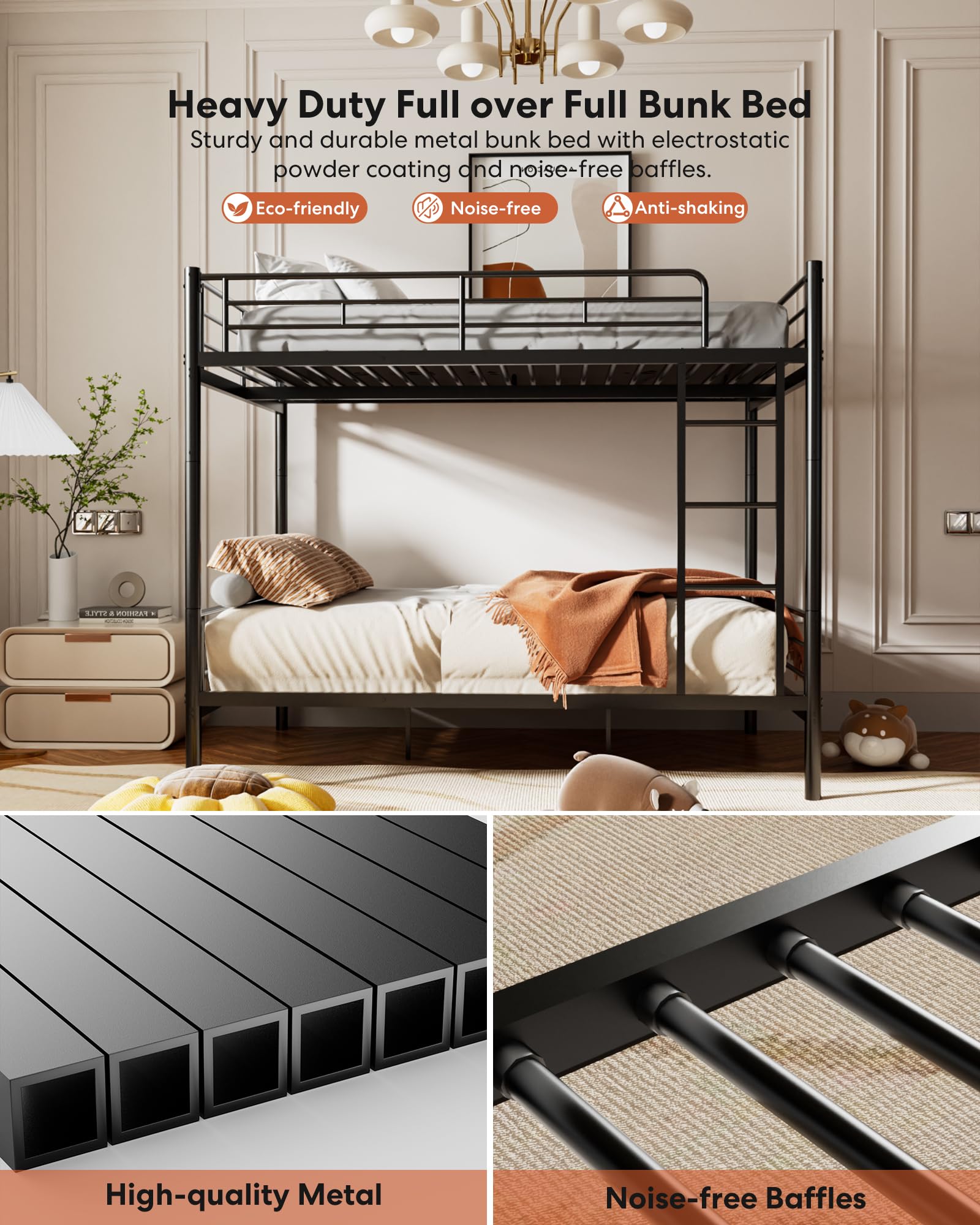 Full Over Full Metal Bunk Bed for Kids - Convertible to 2 Separate Full Size Beds - Heavy Duty Steel Bunk Bed Frame with High Safety Guardrail & Built-in Ladder - No Box Spring Required - Noise Free Design - Black - Perfect for Kids' Bedroom, Dorm Room or Space-Saving Guest Room