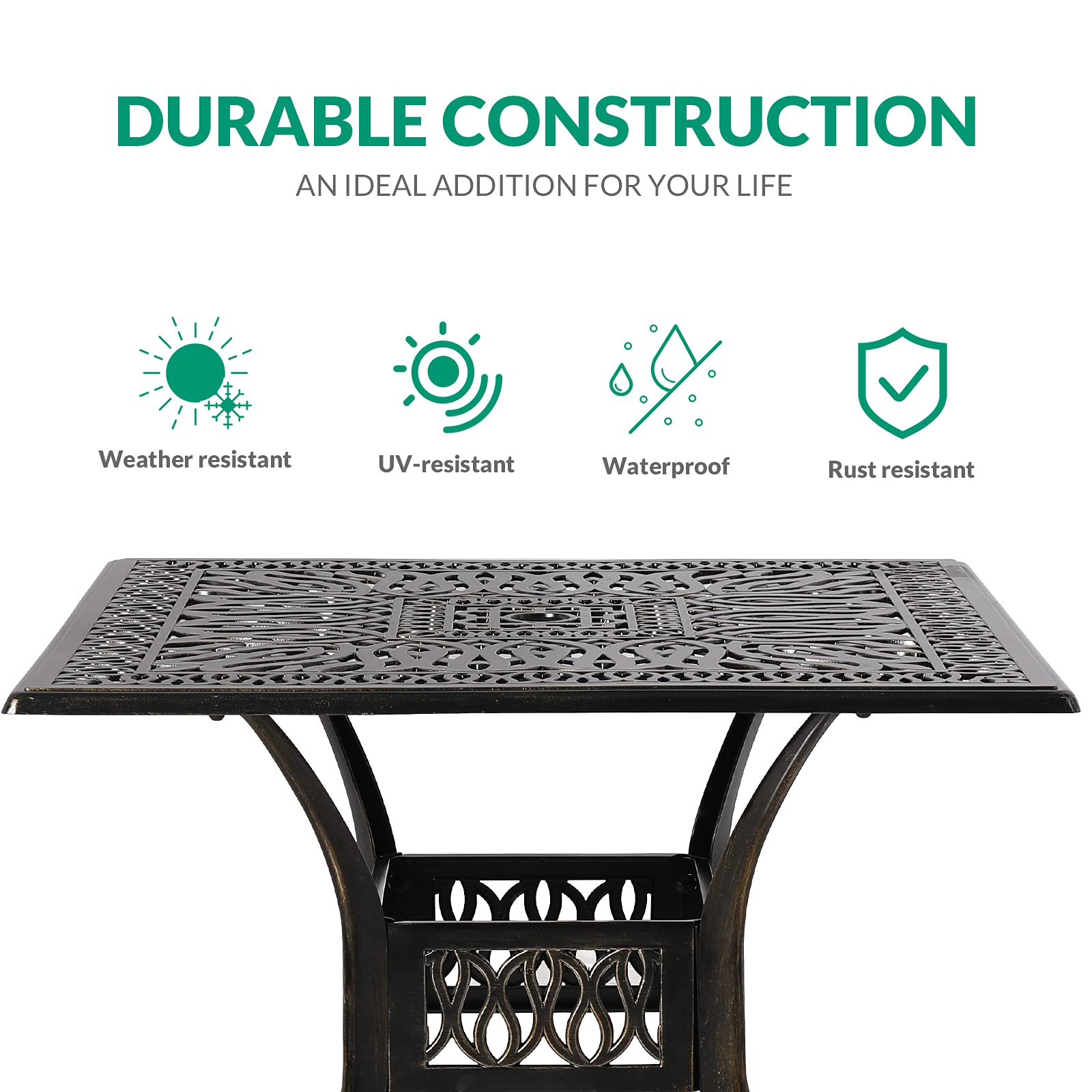 VIVIJASON 35.4 Inch Outdoor Patio Dining Square Table - Bronze Cast Aluminum Rustic Large Patio Table with Umbrella Hole - Perfect for Backyard, Garden, and Poolside Gatherings