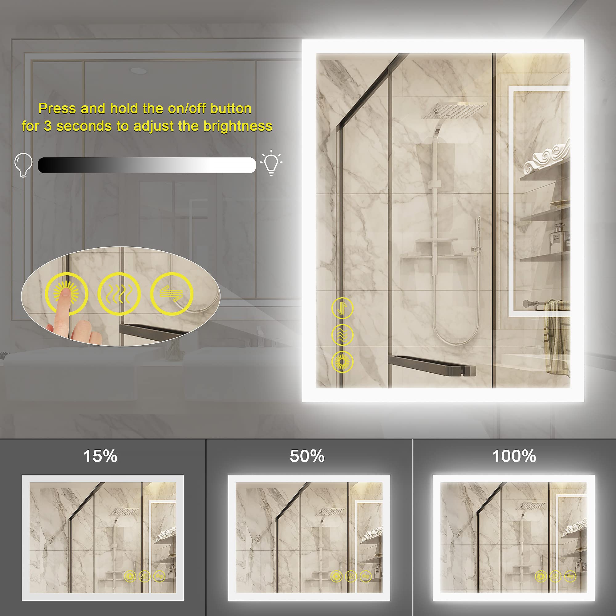 OKISS 30x36 Inch Dimmable LED Bathroom Vanity Mirror with Anti-Fog - Large Horizontal/Vertical Rectangle Makeup Mirror with Light for Home, Hotel, Office & Bar - Perfect for Makeup, Shaving & Grooming