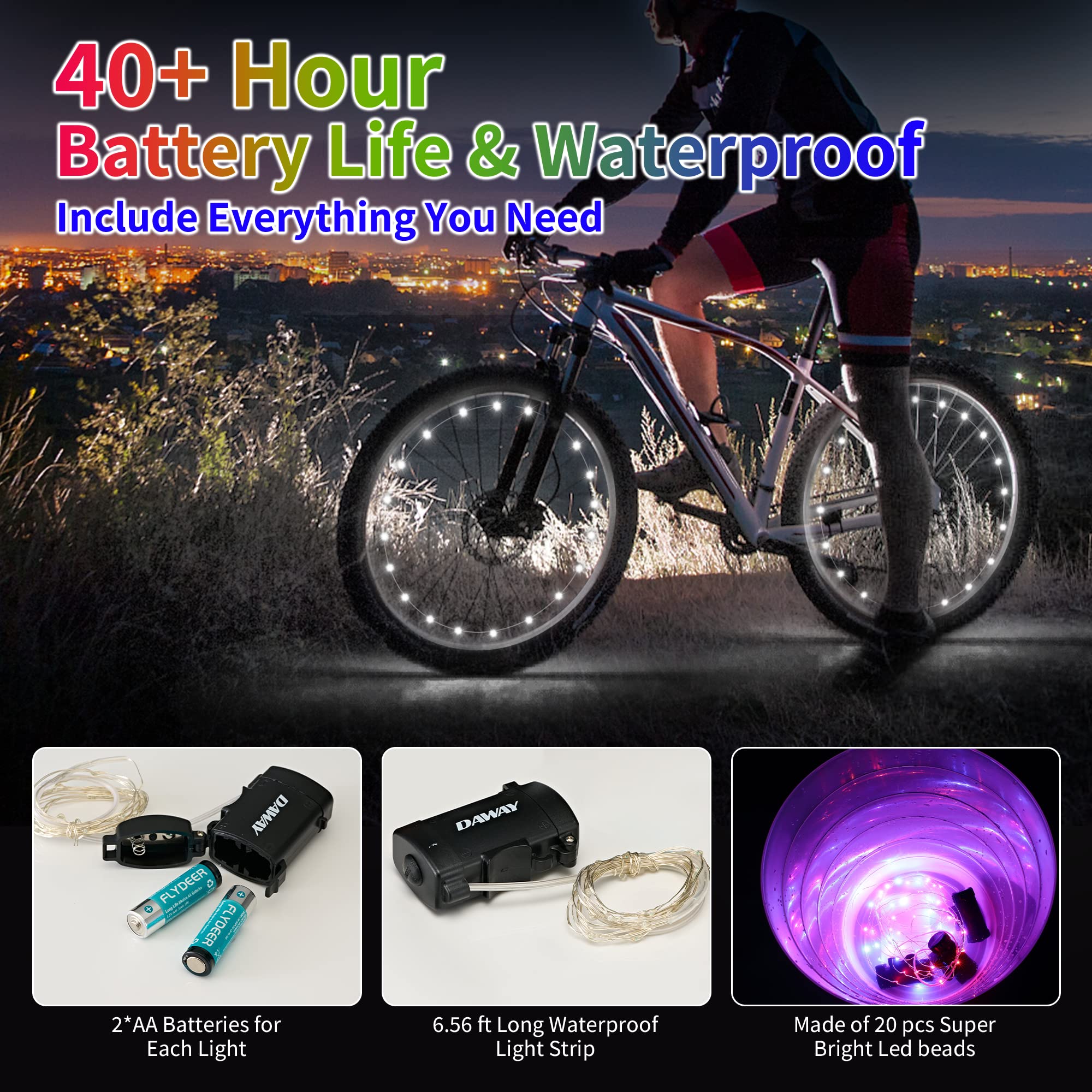 DAWAY A01 LED Bike Wheel Lights - Ultra-Bright Waterproof Bicycle Spoke Lights with Batteries for Kids & Adults - Fun Glowing Tire Decoration for Night Cycling Safety - Perfect for Commuting, Evening Rides, and Outdoor Adventures