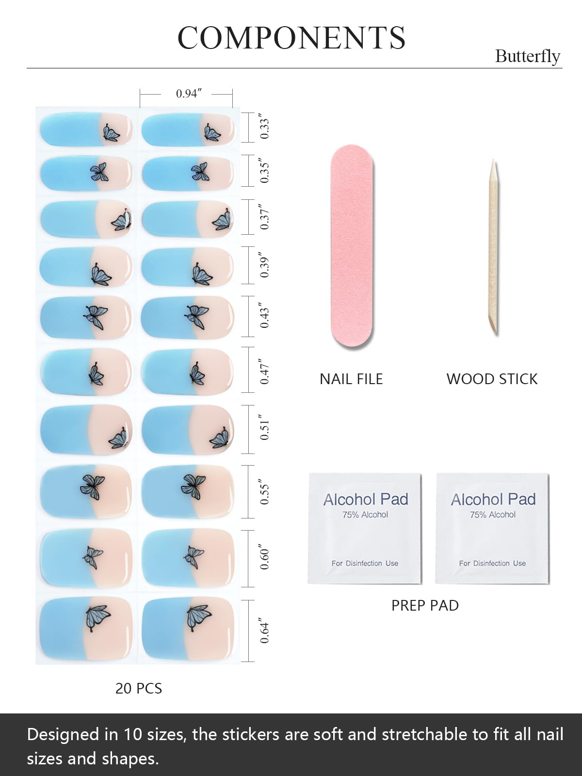 Semi Cured Gel Nail Strips - Butterfly Blue French Design (20 Pcs) | Salon Quality UV Gel Nail Wraps & Stickers | Long Lasting Manicure | Perfect for Home Nail Art, Parties & Special Occasions