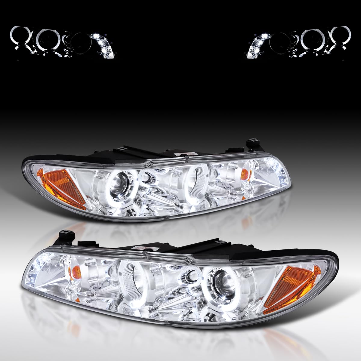 AUTOZENSATION 1997-2003 Pontiac Grand Prix Headlights - Left & Right Pair LED Halo Projector Headlamps Assembly with Chrome Housing & Clear Lens - Includes Corner Lights - Perfect for Night Driving & Car Upgrades
